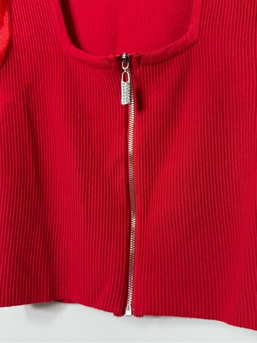 Balboa Red Ribbed Knit Zip Front Organza Puff Sleeve Top M Y2K Coquette - Picture 2 of 6
